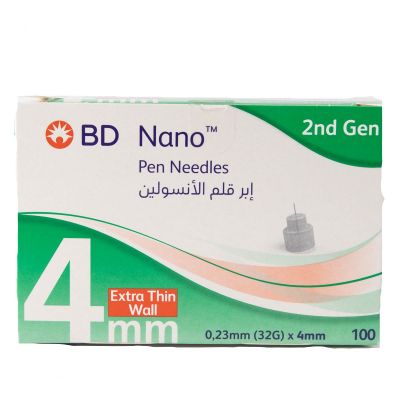 بي دي، نانو، إبر قلم إنسولين، 4 مم - 100 قطعة